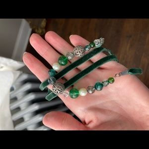 Green Velvet Beaded Headband / Bracelet